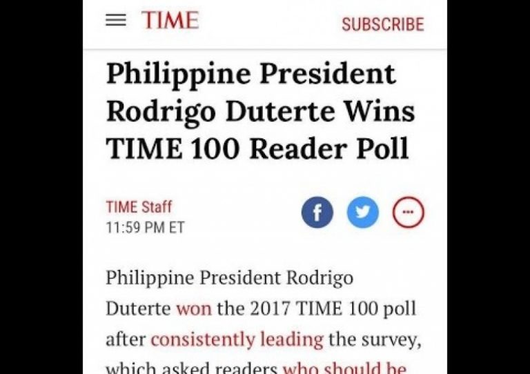 President Duterte wins the Top spot for 2017 TIME 100 Reader Poll